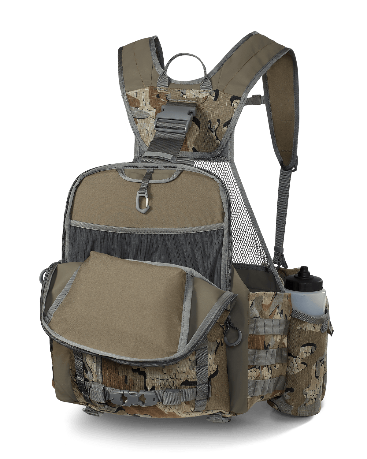 Front view of unzipped main pocket, highlighting internal storage on the Upland Field Vest in Valo Camouflage