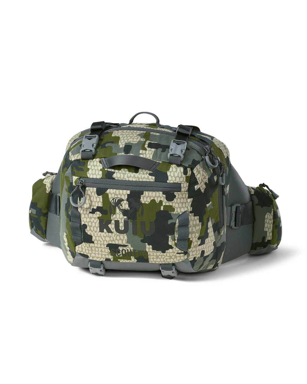 Front of Scout 1000 waist pack in Verde Camouflage shown without the shoulder harness