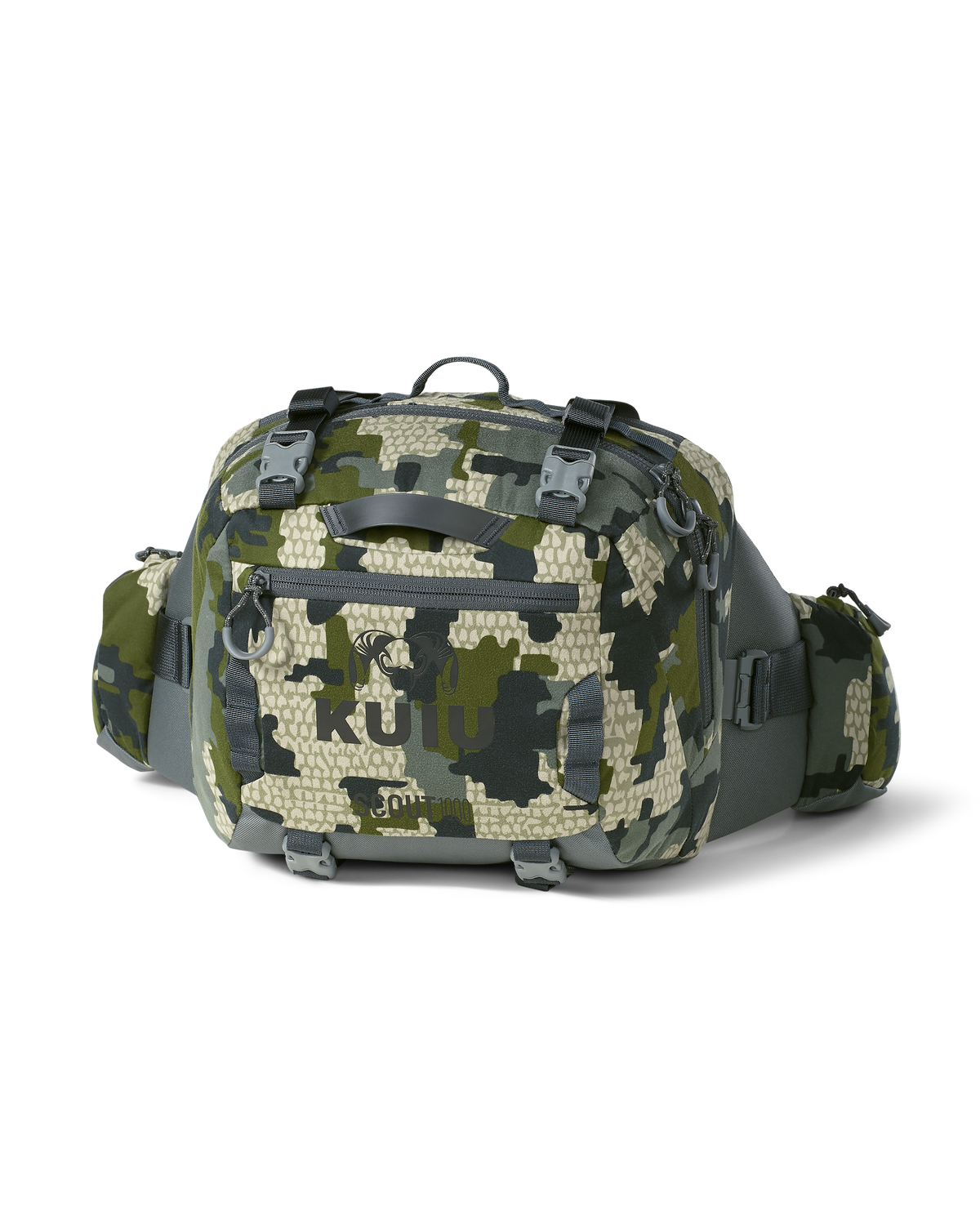 Front of Scout 1000 waist pack in Verde Camouflage shown without the shoulder harness