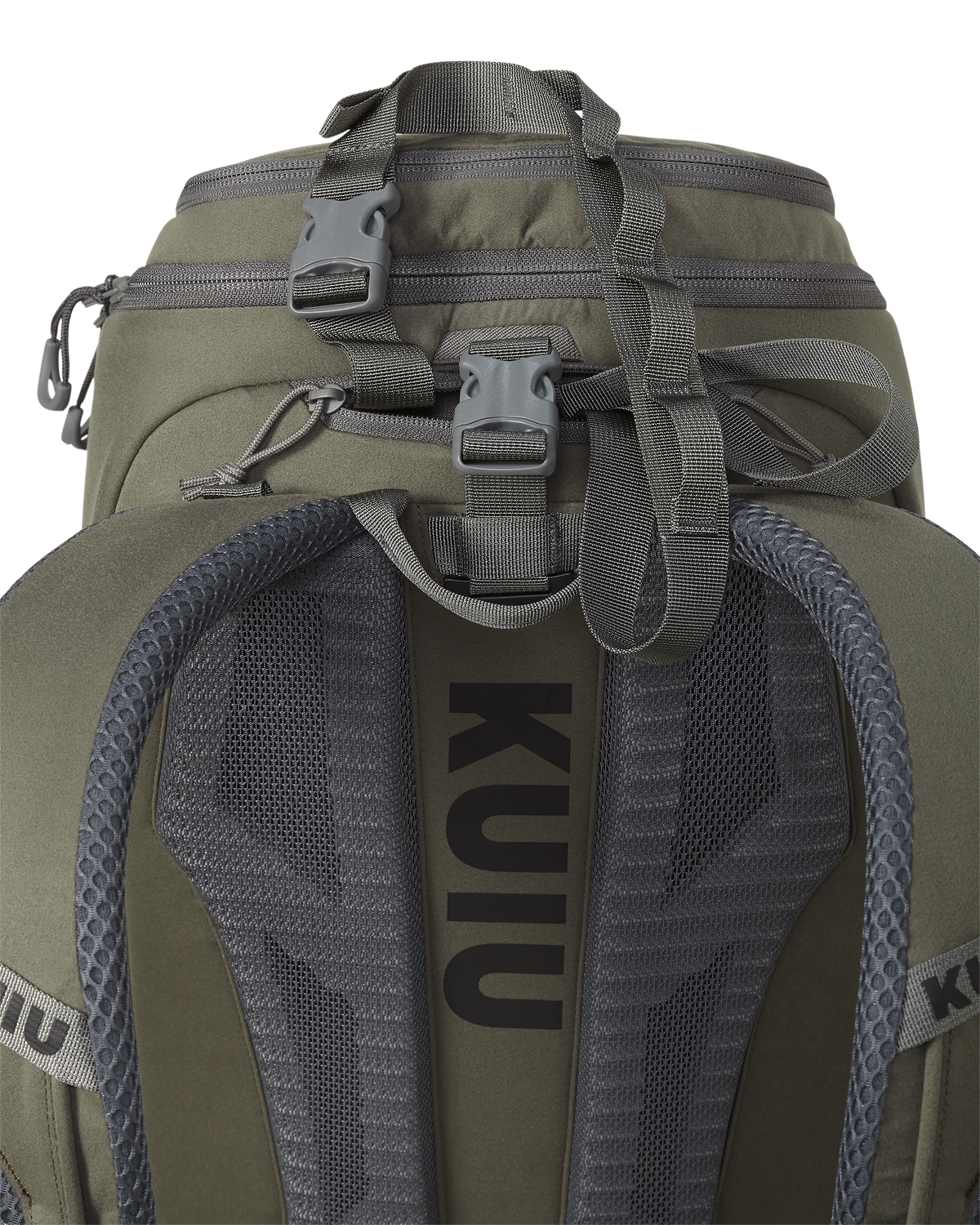 Top view of Evolution 1800 in Ash Brown, Highlighting deployable tree connection strap lets you hang the pack silently for clutter free space