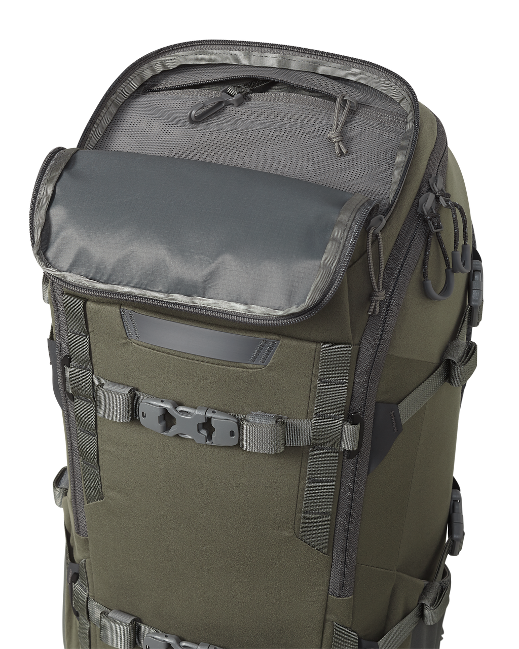 Top fold-down accessory pocket opening on the Evolution 1800 in Ash Brown with self-locking zipper sliders for quiet access to calls and gear