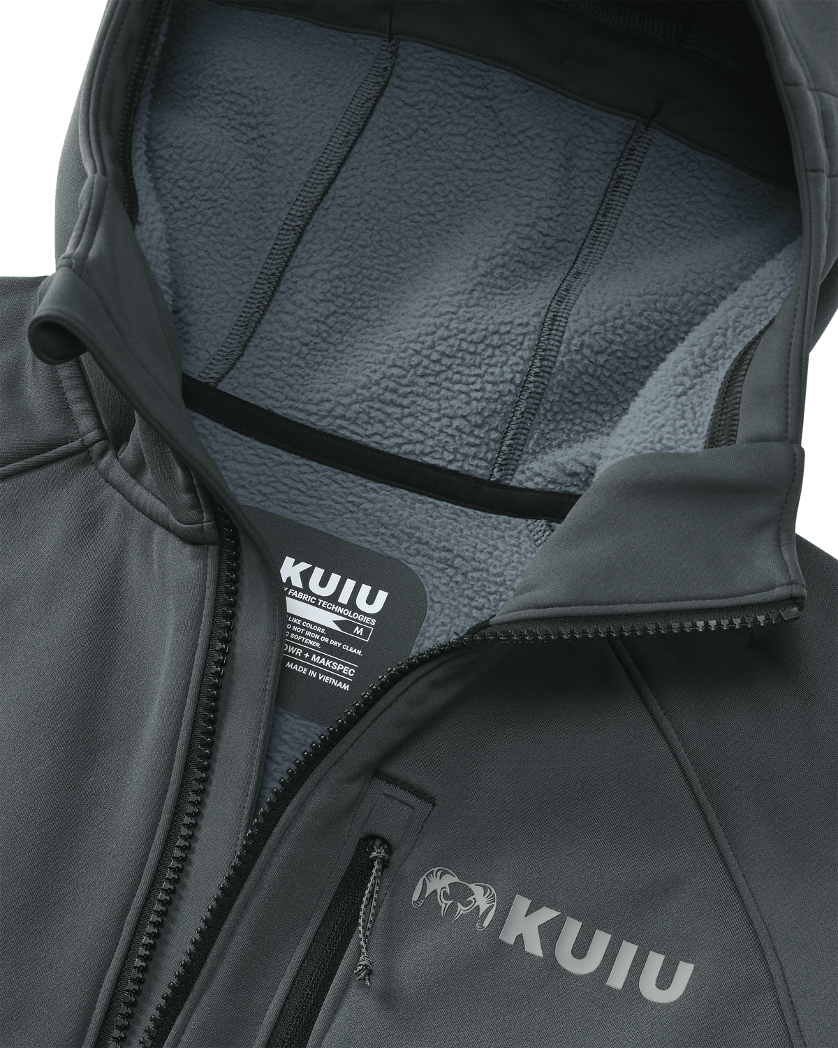 Interior fleece lining of hood for the StrongFleece 275 Full Zip Hoodie in Gunmetal grey