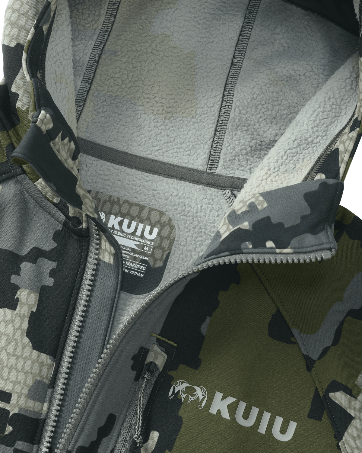 Interior fleece lining of hood for the StrongFleece 275 Full Zip Hoodie in Verde Camouflage