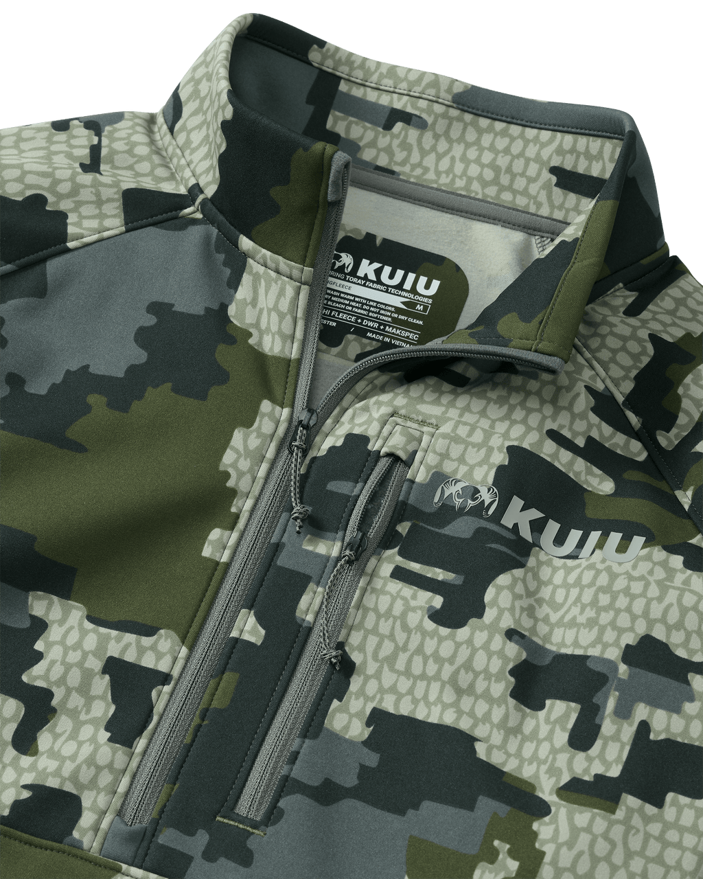front half zipper and zippered chest pocket for StrongFleece 190 Zip-T in Verde Camouflage