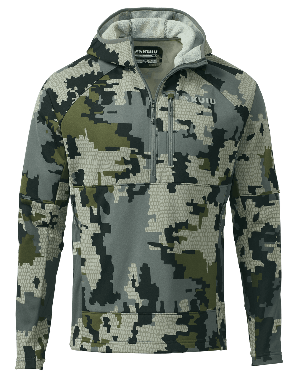 Front of StrongFleece 235 Zip-T Hoodie in Verde Camouflage