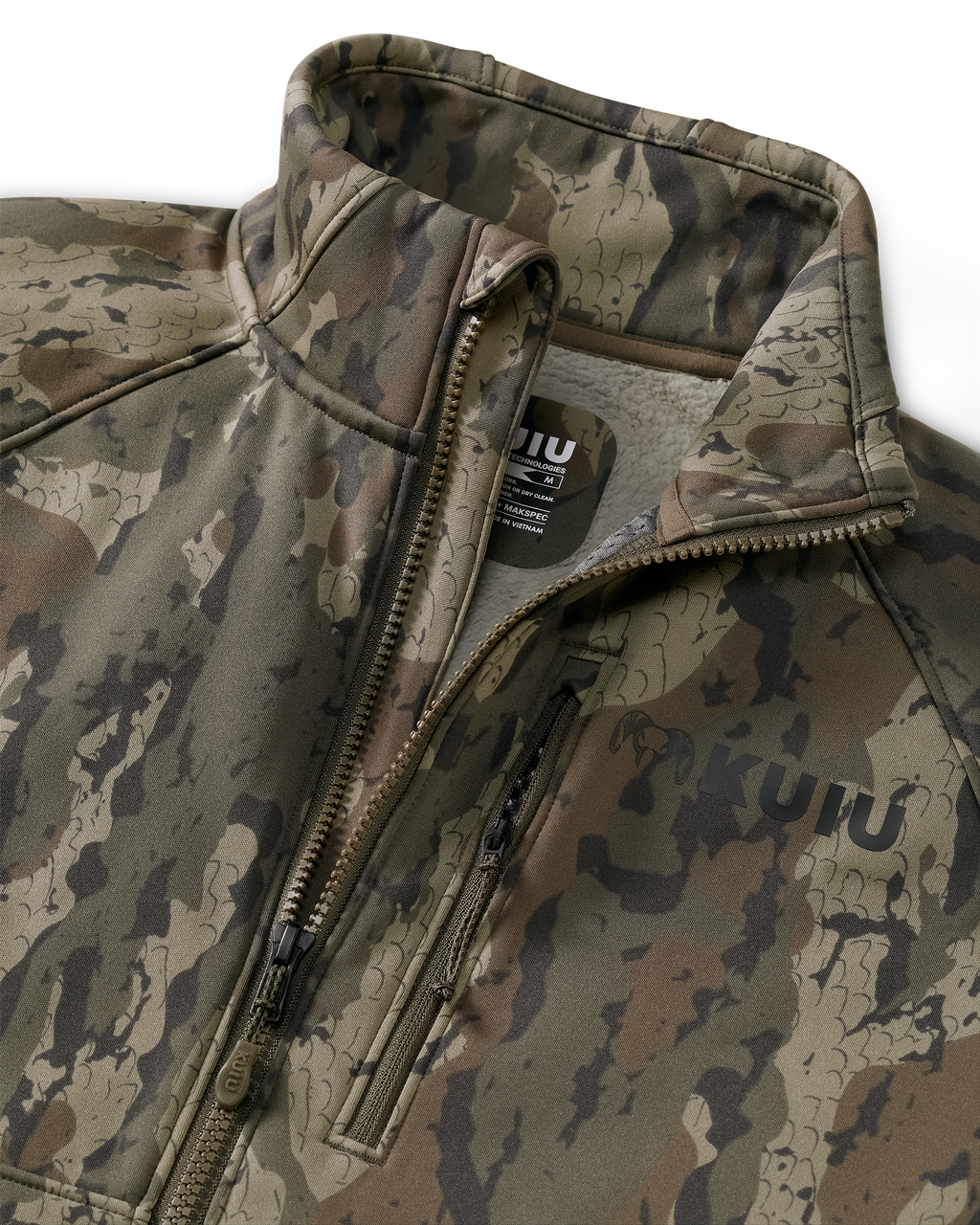 Front of StrongFleece 290 WF Full Zip in Veros Camouflage Highlighting YKK Zippered Chest Pocket and Chin Guard