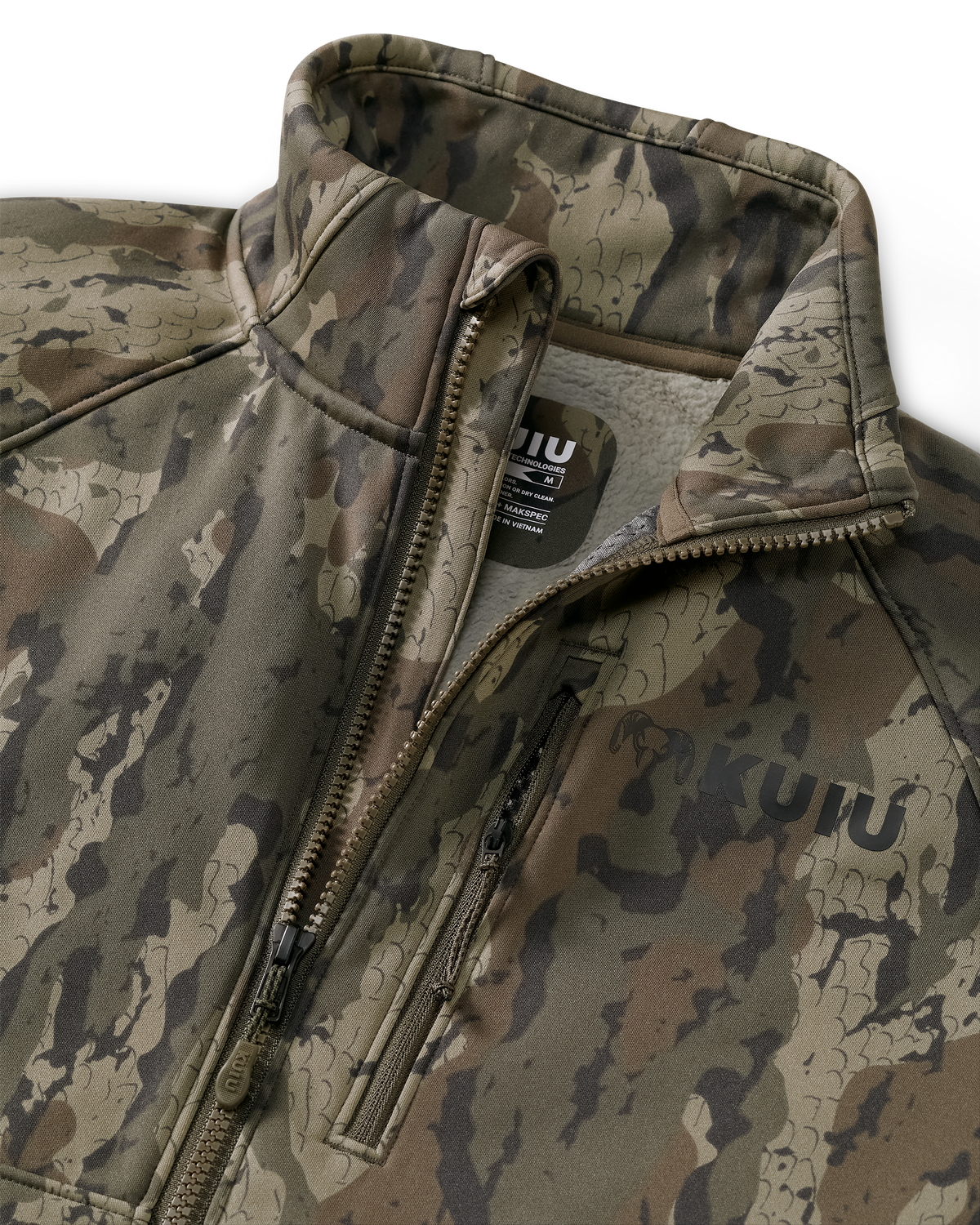Front of StrongFleece 290 WF Full Zip in Veros Camouflage Highlighting YKK Zippered Chest Pocket and Chin Guard