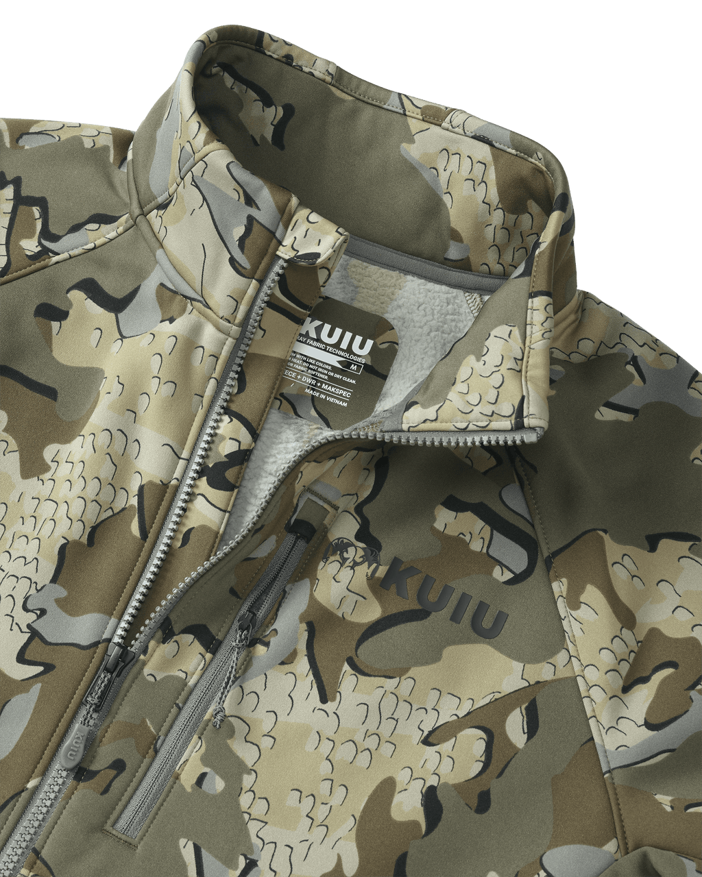 Front of StrongFleece 290 WF Full Zip in Valo Camouflage Highlighting YKK Zippered Chest Pocket and Chin Guard