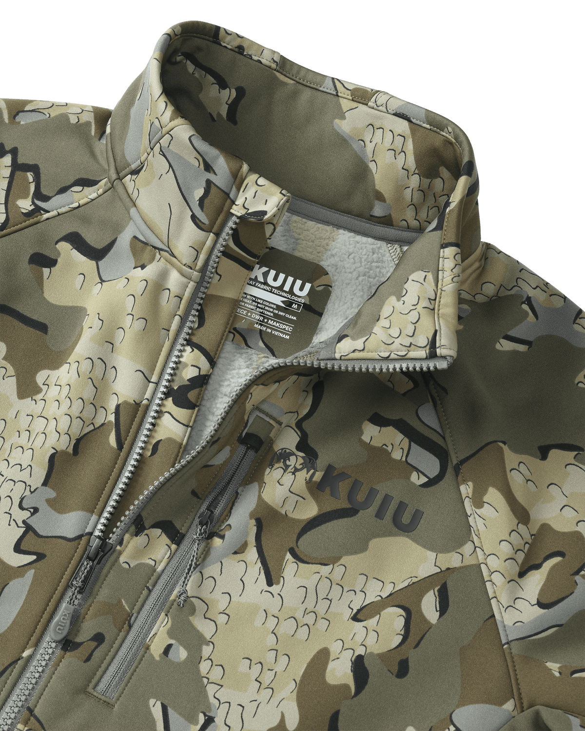 Front of StrongFleece 290 WF Full Zip in Valo Camouflage Highlighting YKK Zippered Chest Pocket and Chin Guard