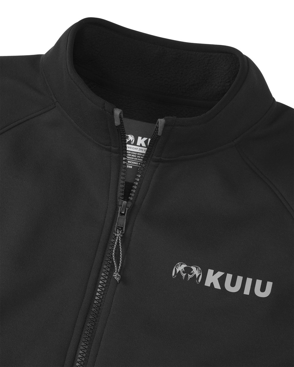 Front of StrongFleece 290 WF Full Zip in Black Highlighting 1/2 Length YKK Zipper, Raised Collar and Chin Guard