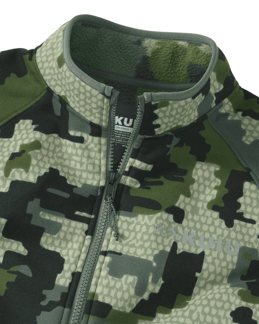 Front of StrongFleece 290 WF Full Zip in Verde Camouflage Highlighting 1/2 Length YKK Zipper, Raised Collar and Chin Guard