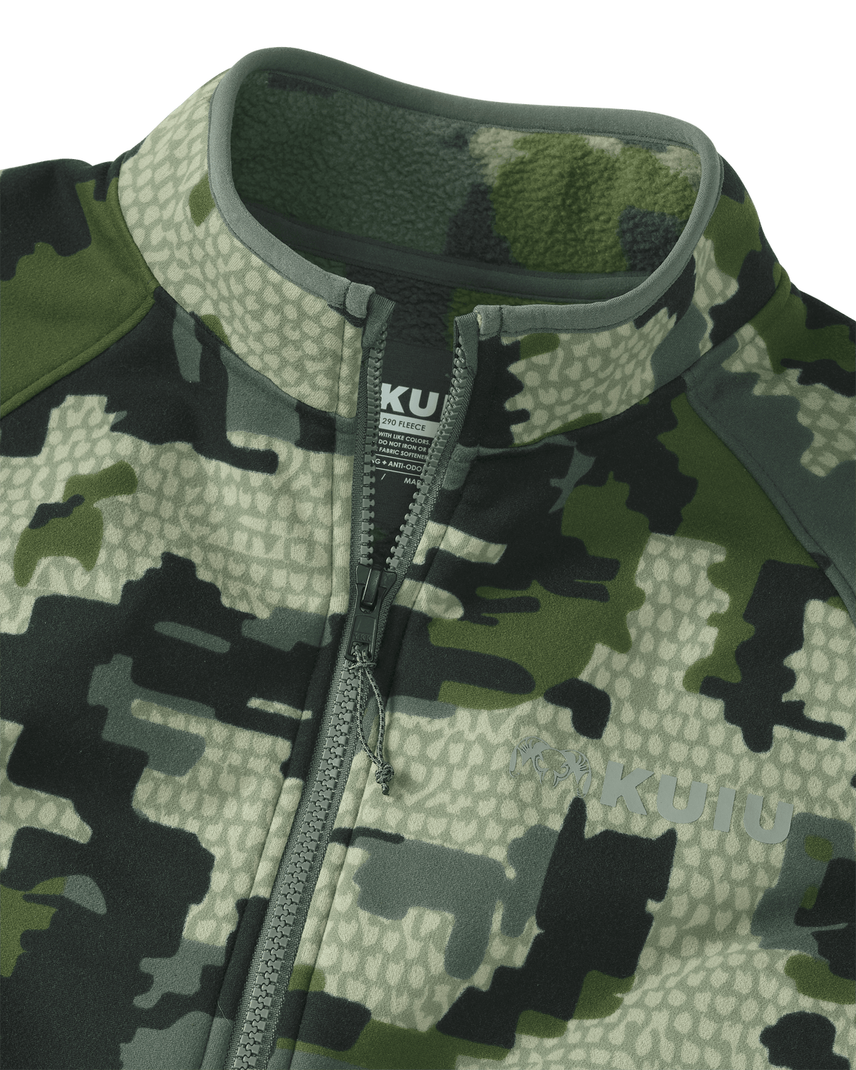 Front of StrongFleece 290 WF Full Zip in Verde Camouflage Highlighting 1/2 Length YKK Zipper, Raised Collar and Chin Guard