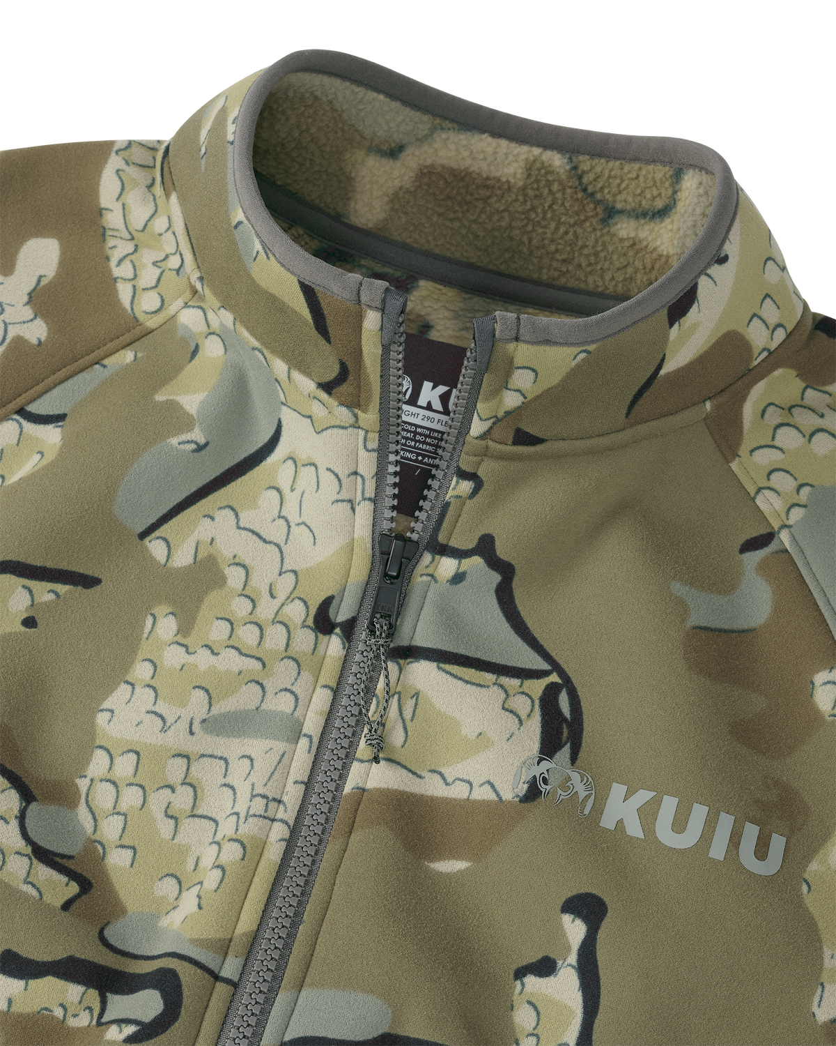 Front of StrongFleece 290 WF Full Zip in Valo Camouflage, Highlighting 1/2 Length YKK Zipper, Raised Collar and Chin Guard