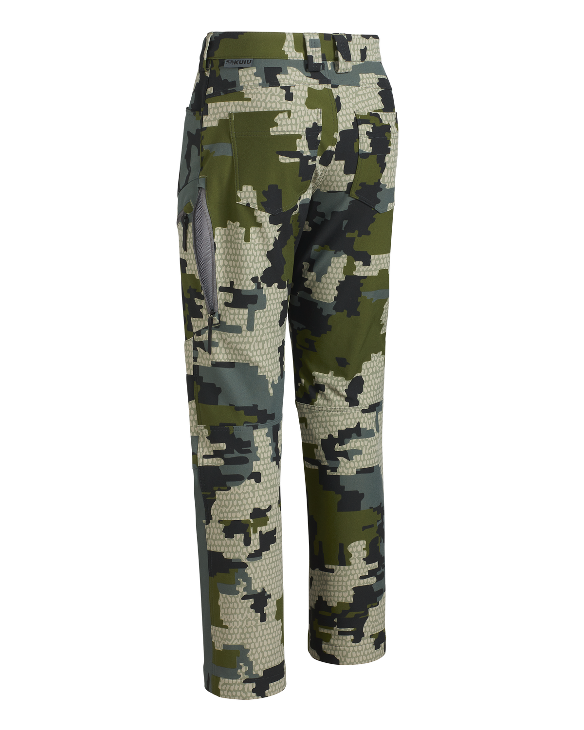 Back of Youth Attack Pant in Verde Camouflage showing open hip vent