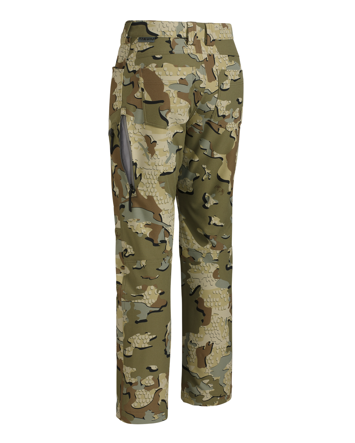 Back of Youth Attack Pant in Valo Camouflage showing open hip vent