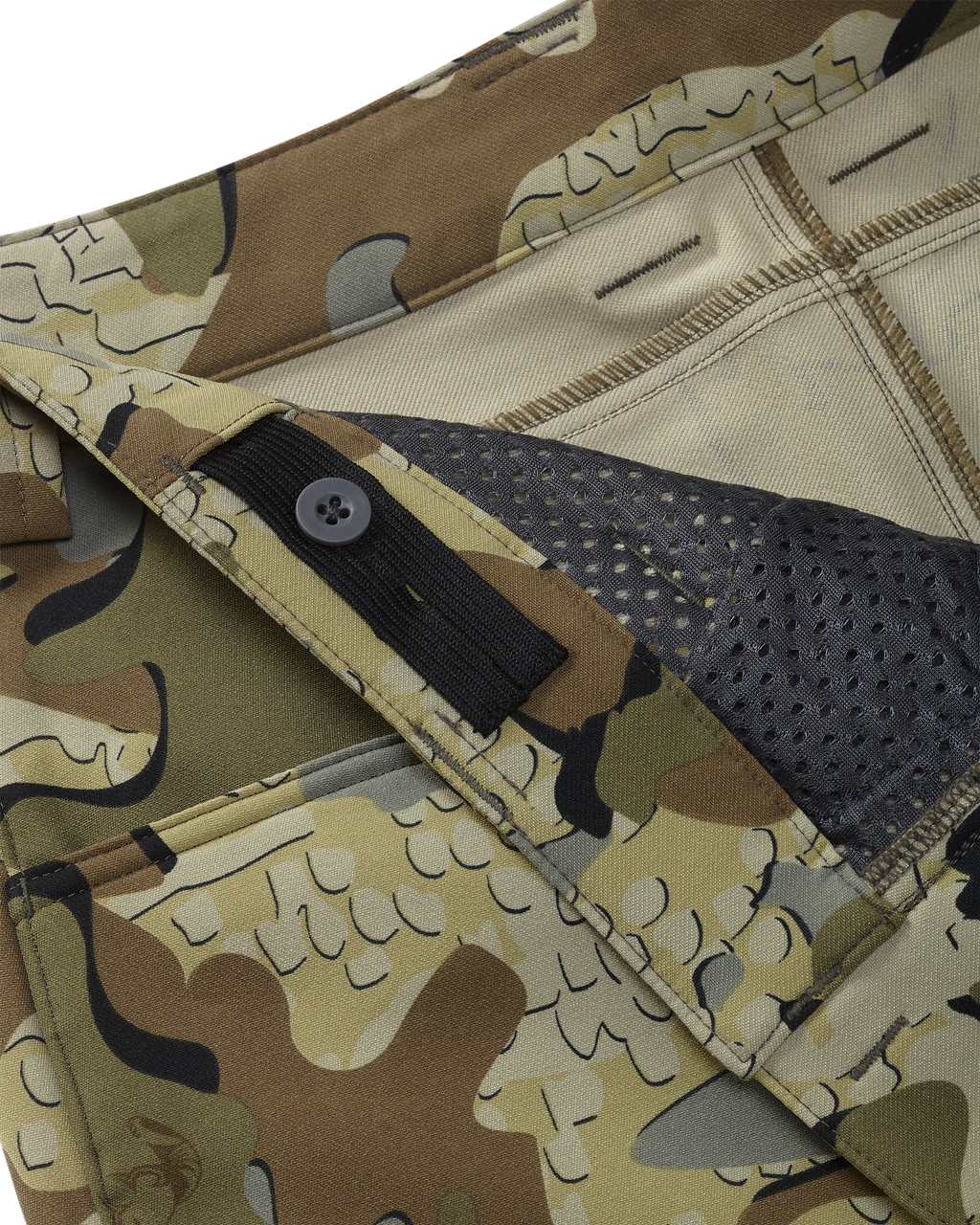Close-up of adjustable waistband on the Youth Attack Pant in Valo Camouflage