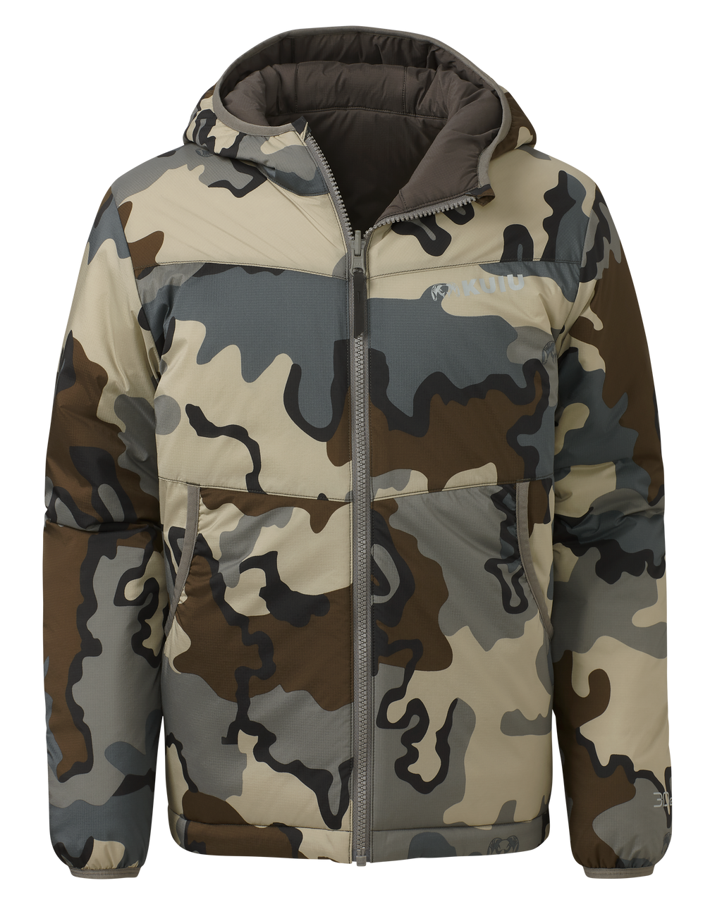 Front of Youth Reversible Versa Jacket in Vias Camouflage
