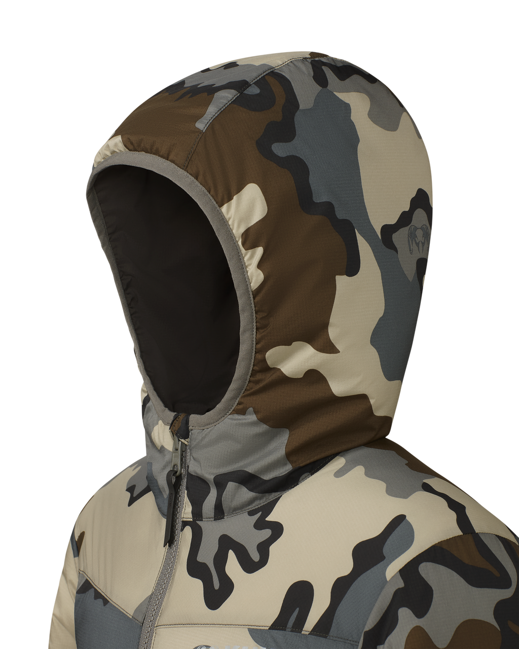 Hood detail on on the Youth Reversible Jacket in Vias Camouflage