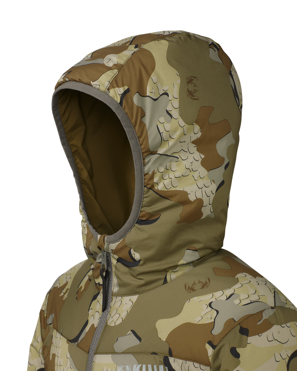 Hood detail on on the Youth Reversible Jacket in Verde Camouflage