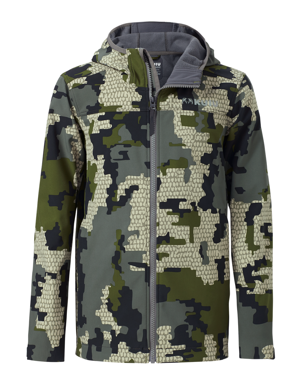Front of Youth Trailblazer Jacket in Verde Camouflage