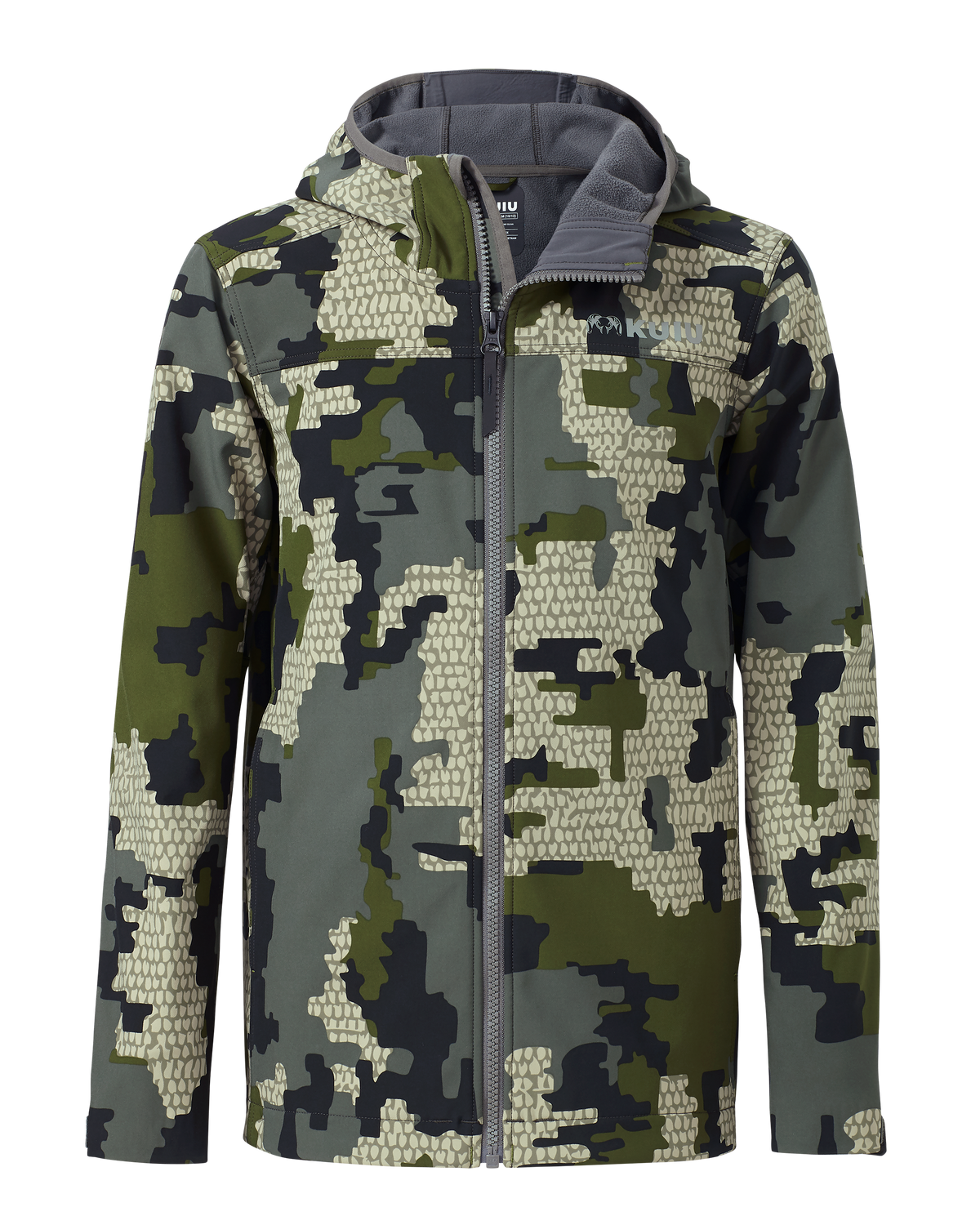 Front of Youth Trailblazer Jacket in Verde Camouflage