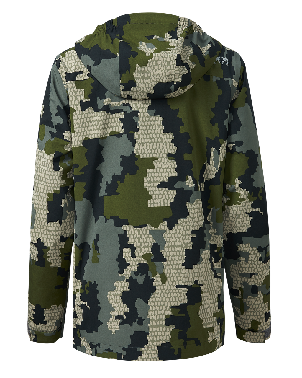 Back of Youth Versa Rain Jacket in Verde Camouflage
