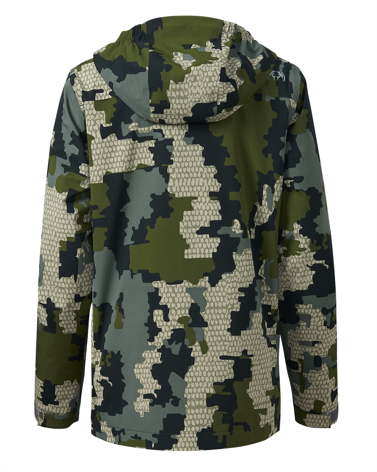 Back of Youth Versa Rain Jacket in Verde Camouflage
