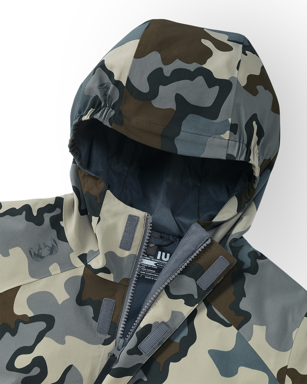 Detail of Hood on the Youth Versa Rain Jacket in Vias Camouflage