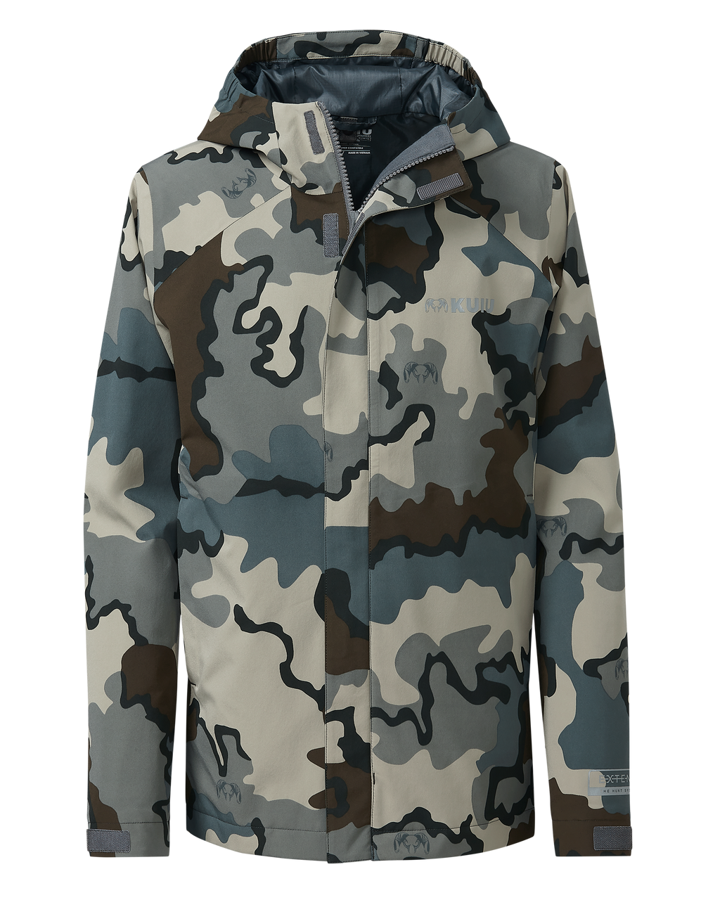 Front of Youth Versa Rain Jacket in Vias Camouflage