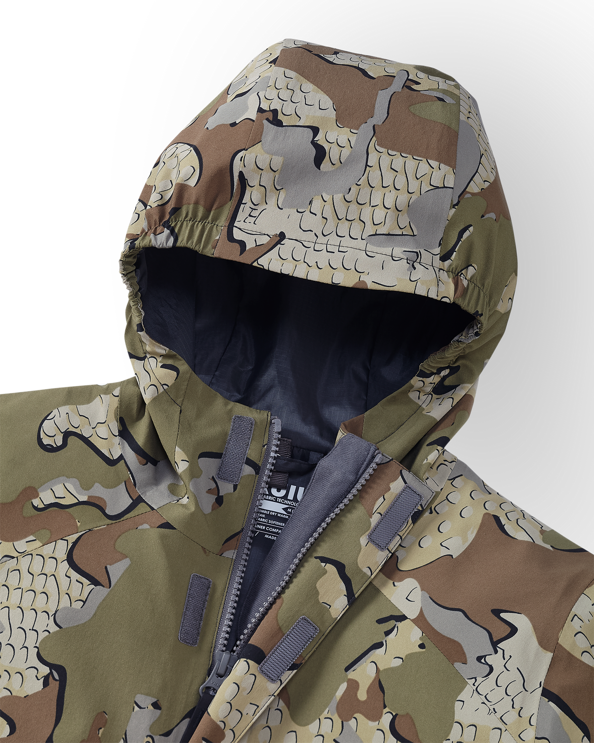 Detail of Hood on the Youth Versa Rain Jacket in Valo Camouflage