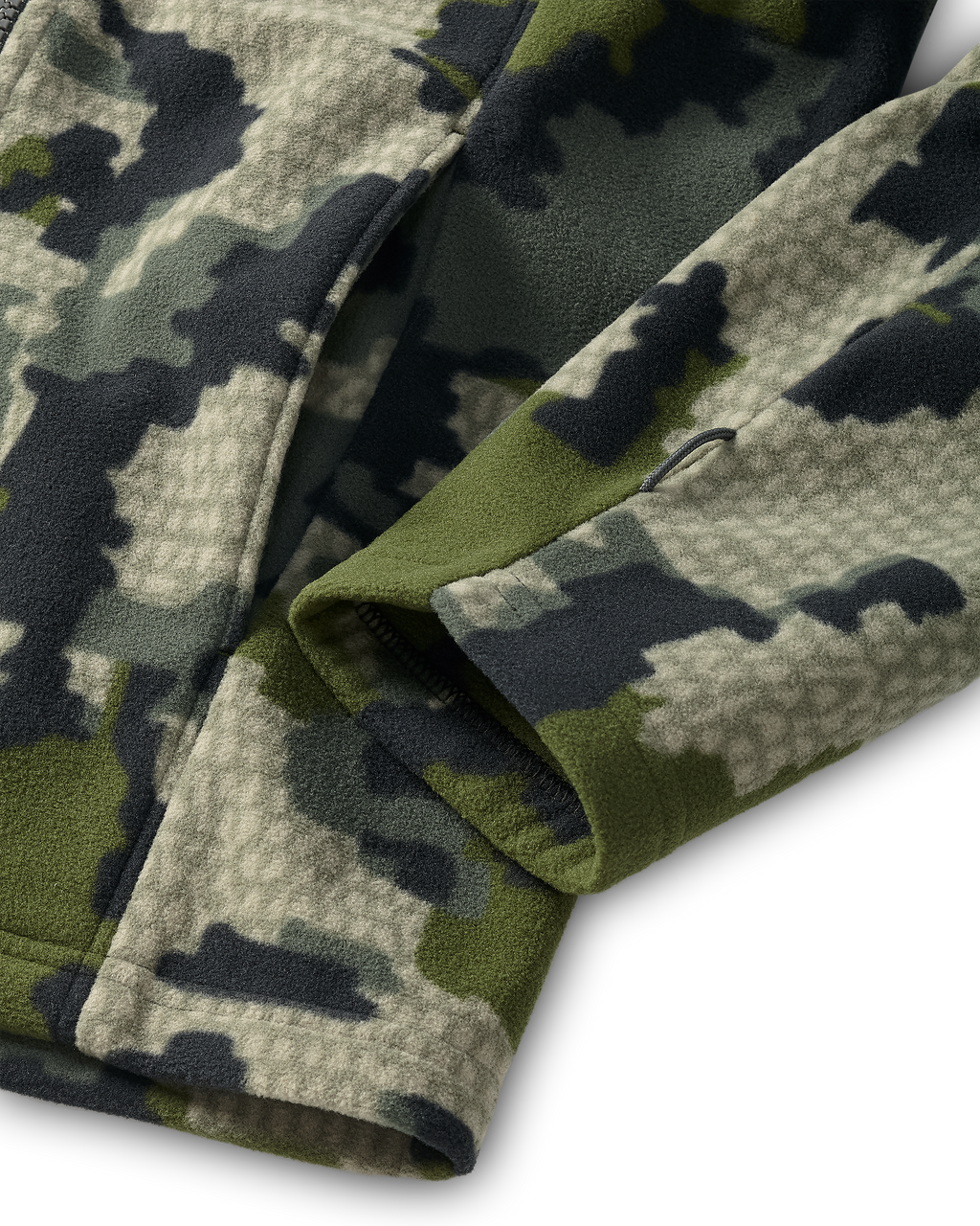 Close-up of the hand pocket and sewn utility loop on the bottom sleeve of a Youth Versa Fleece Full Zip in Verde Camouflage.