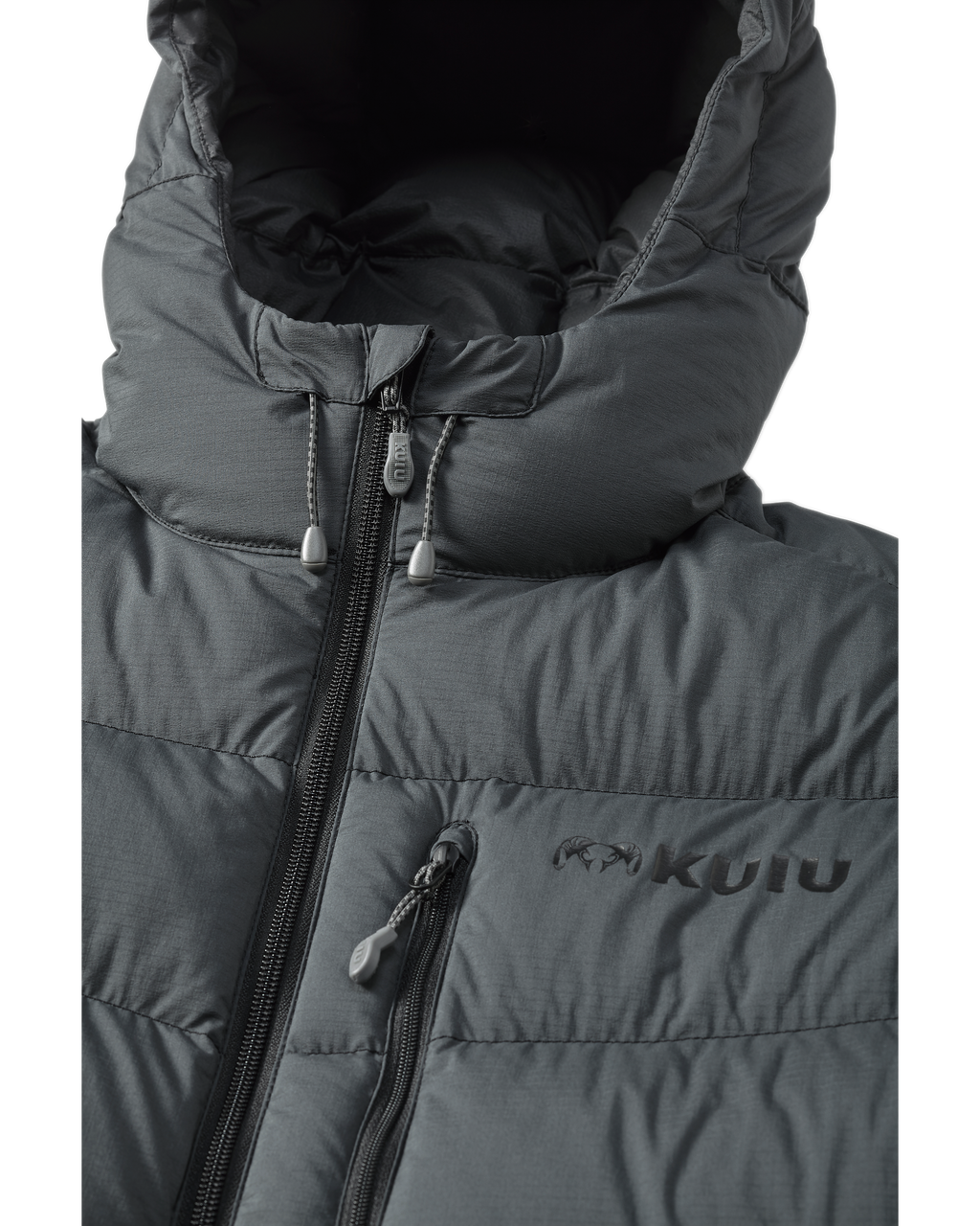 Super Down PRO Hooded Jacket in Gunmetal Grey showcasing the chin guard