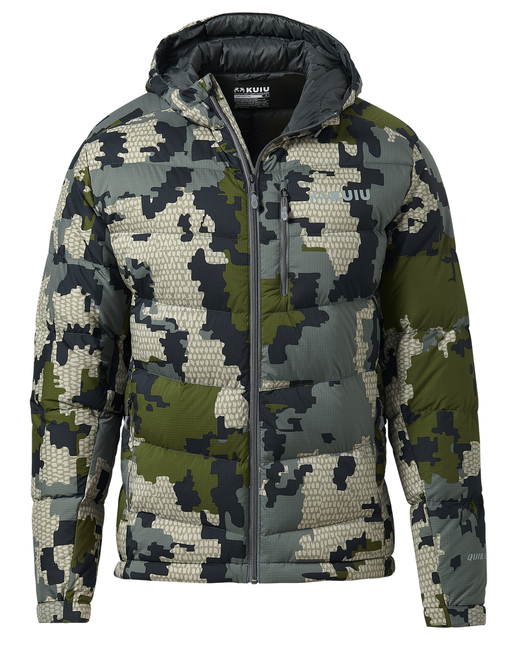 Front of Super Down PRO Hooded Jacket in Verde Camouflage