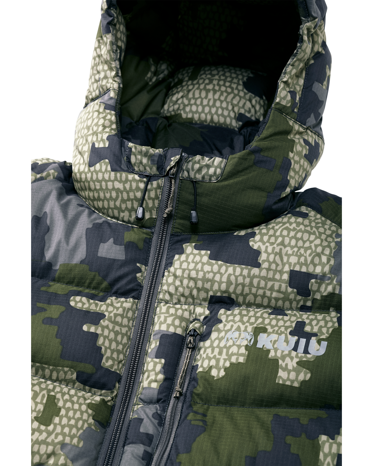 Super Down PRO Hooded Jacket in Verde Camouflage showcasing the chin guard