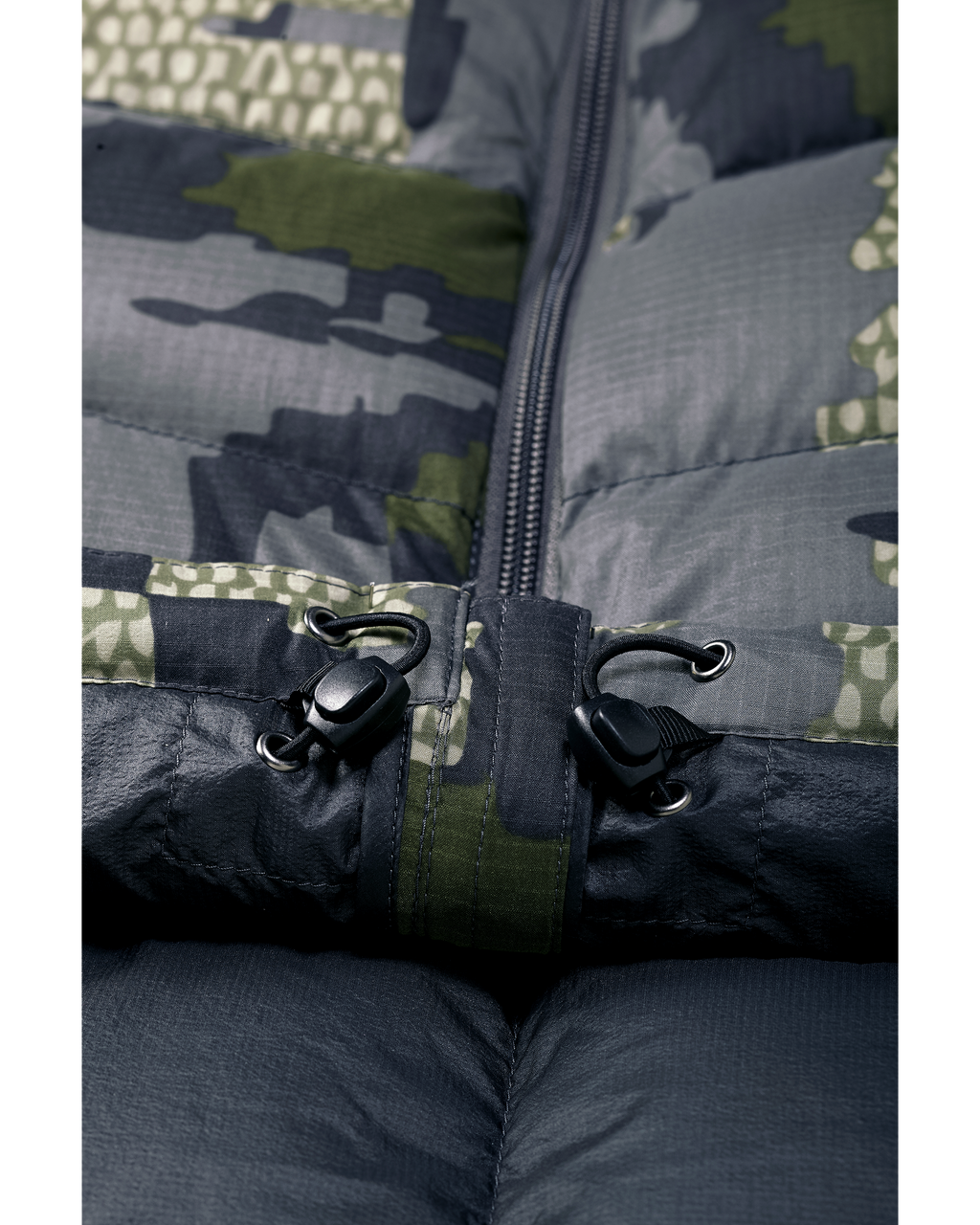 Lower, Front View of Super Down Pro Hooded Jacket in Verde Camouflage, Highlighting Adjustable Lower Hem