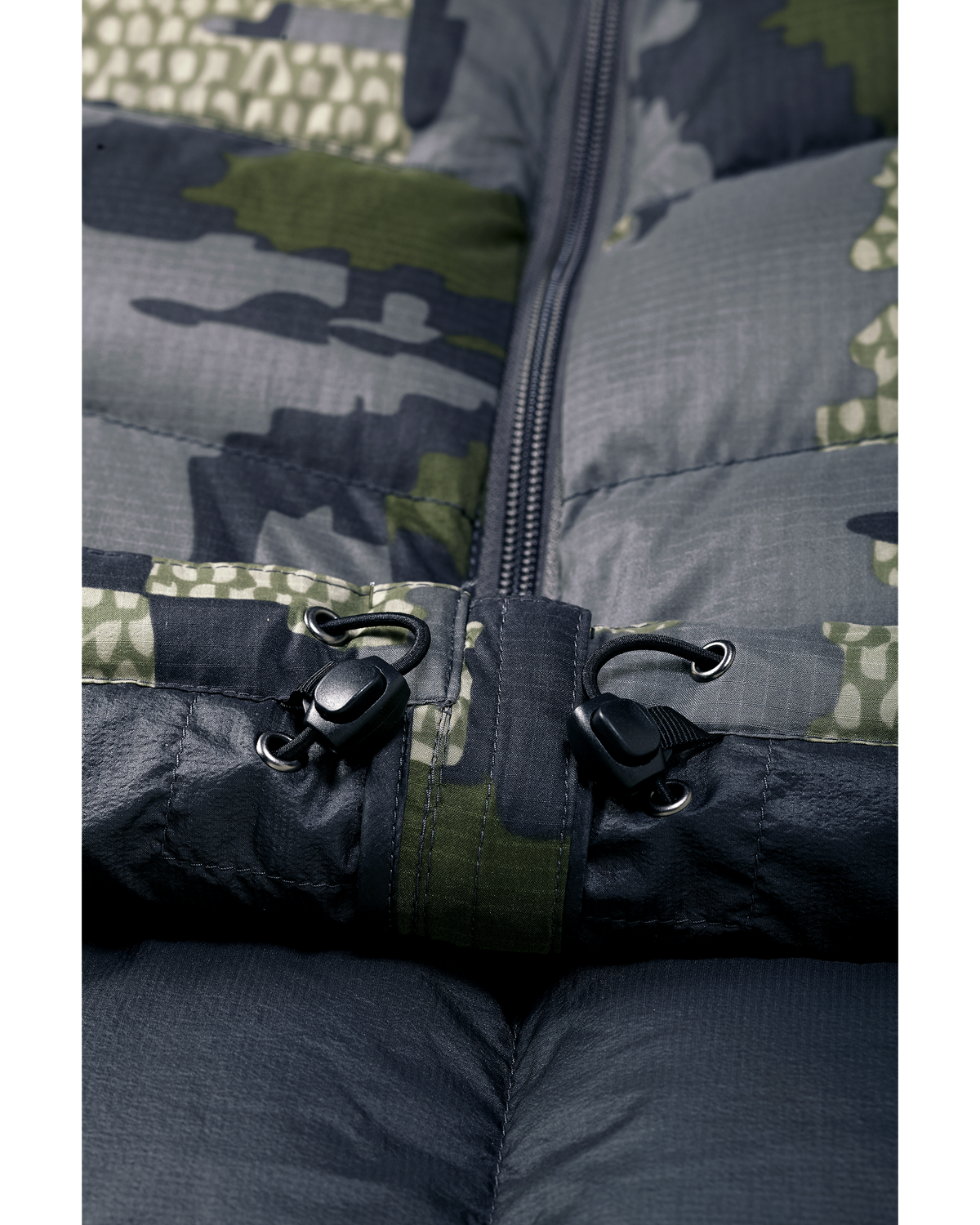 Lower, Front View of Super Down Pro Hooded Jacket in Verde Camouflage, Highlighting Adjustable Lower Hem