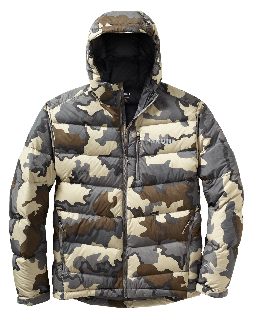 Front of Super Down Pro Hooded Jacket in Vias Camouflage