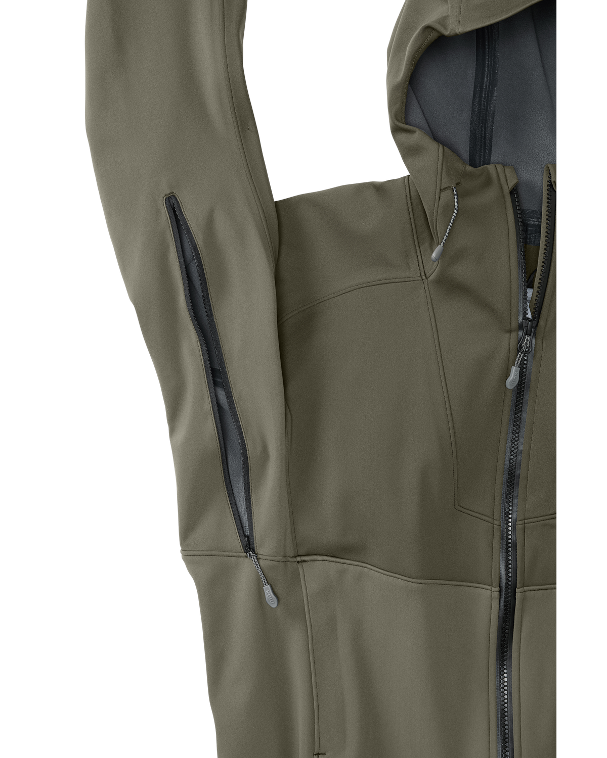 Front, Under Arm View of Axis Hybrid Hooded Jacket in Ash Brown Color Highlighting YKK Zippered Pit Zip