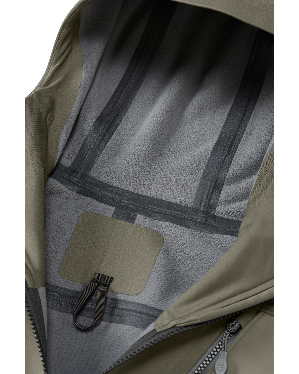 Front, Interior View of Axis Hybrid Hooded Jacket in Ash Brown Color Highlighting Micro-Fleece Backer and Seam Tape in Critical Areas