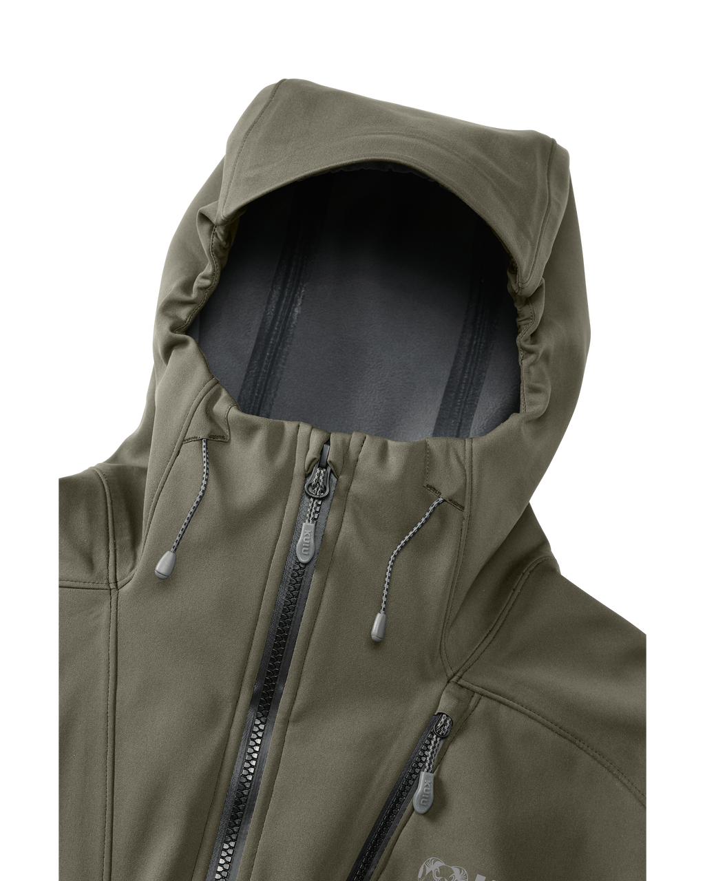 Front of Axis Hybrid Hooded Jacket in Ash Brown Color Highlighting Adjustable Hood with Visor