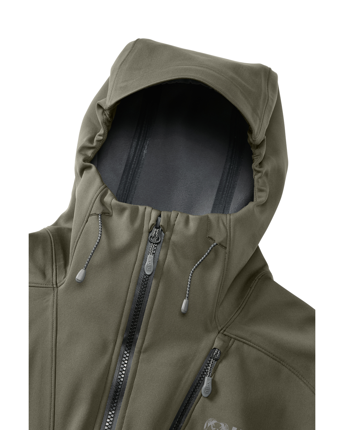Front of Axis Hybrid Hooded Jacket in Ash Brown Color Highlighting Adjustable Hood with Visor
