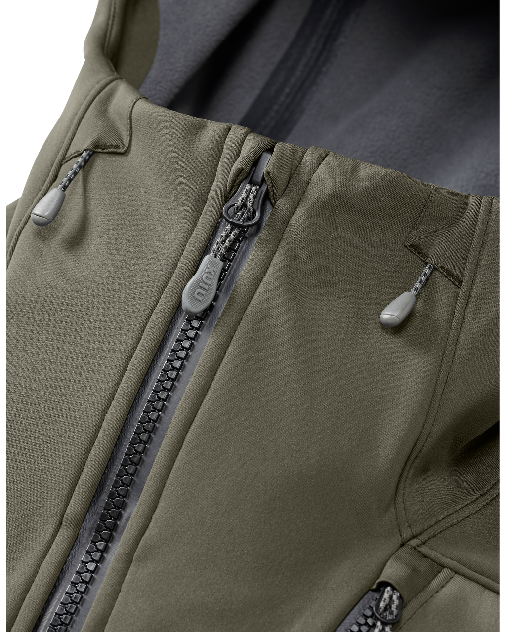 Front of Axis Hybrid Hooded Jacket in Ash Brown Color Highlighting Adjustable Hood
