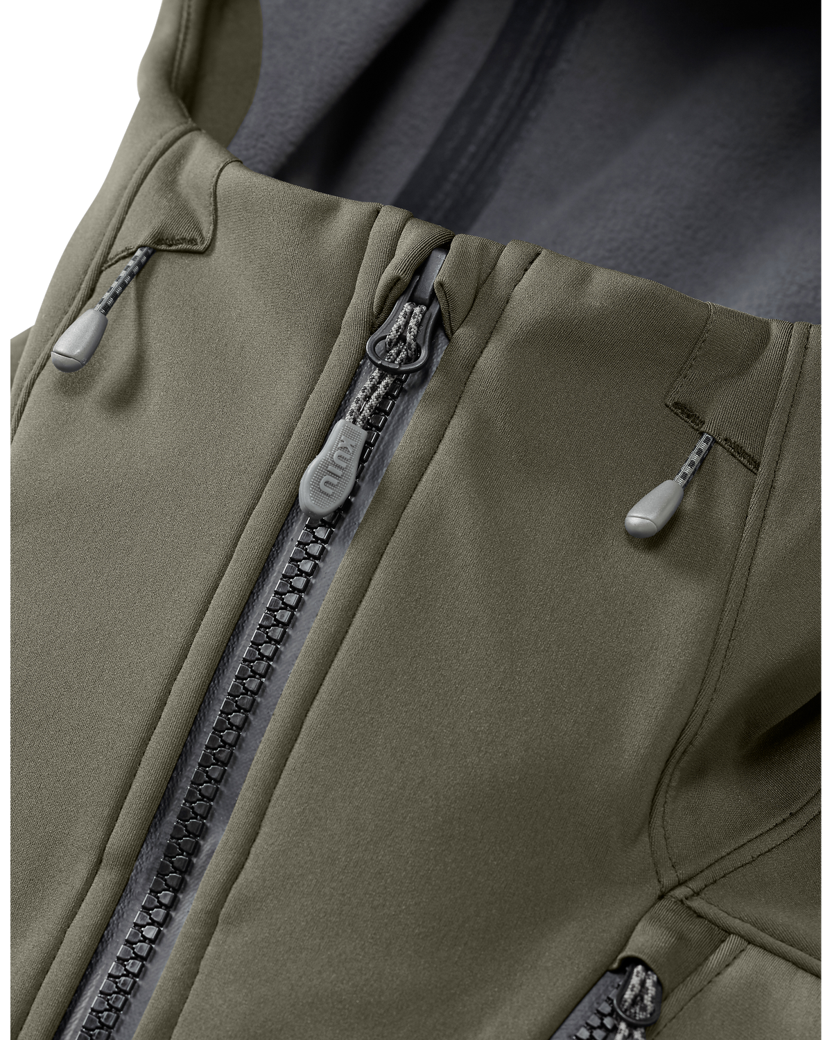 Front of Axis Hybrid Hooded Jacket in Ash Brown Color Highlighting Adjustable Hood