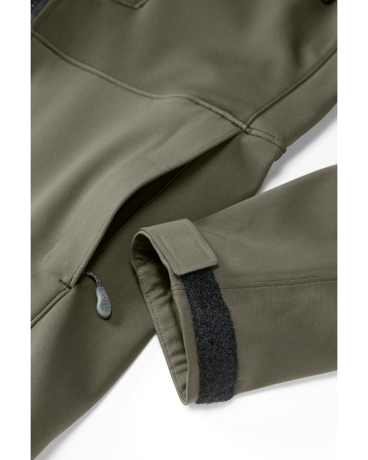 Front, Angled View of Axis Hybrid Hooded Jacket in Ash Brown Color Highlighting Adjustable Hook and Loop Cuff Closure