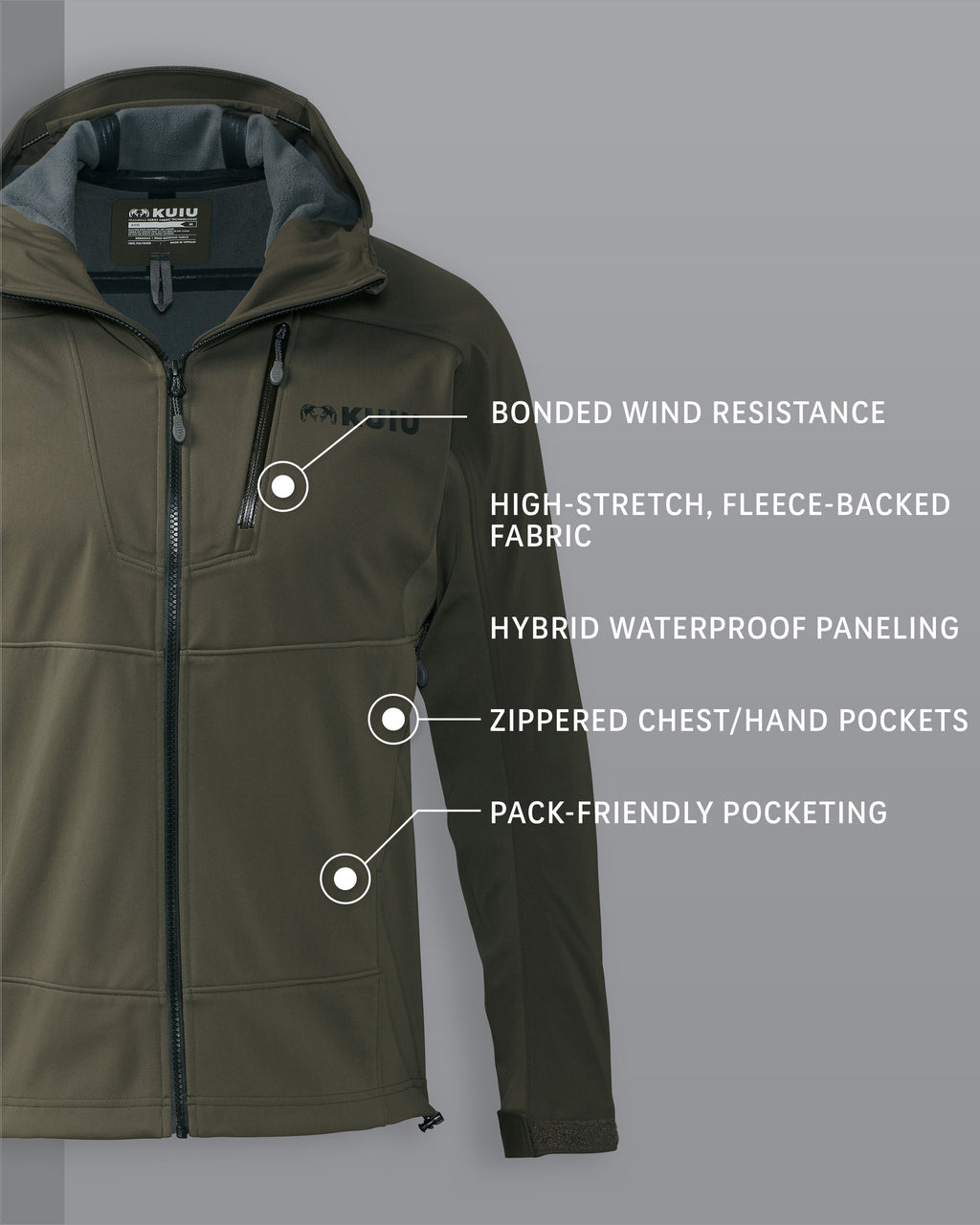 Axis Hybrid Hooded Jacket in Ash Brown Detail Callout Includes: Bonded Wind Resistance, High-Stretch Fleece-Backed Fabric, Hybrid Waterproof Paneling, Zippered Chest/Hand Pockets, Pack-Friendly Pocketing