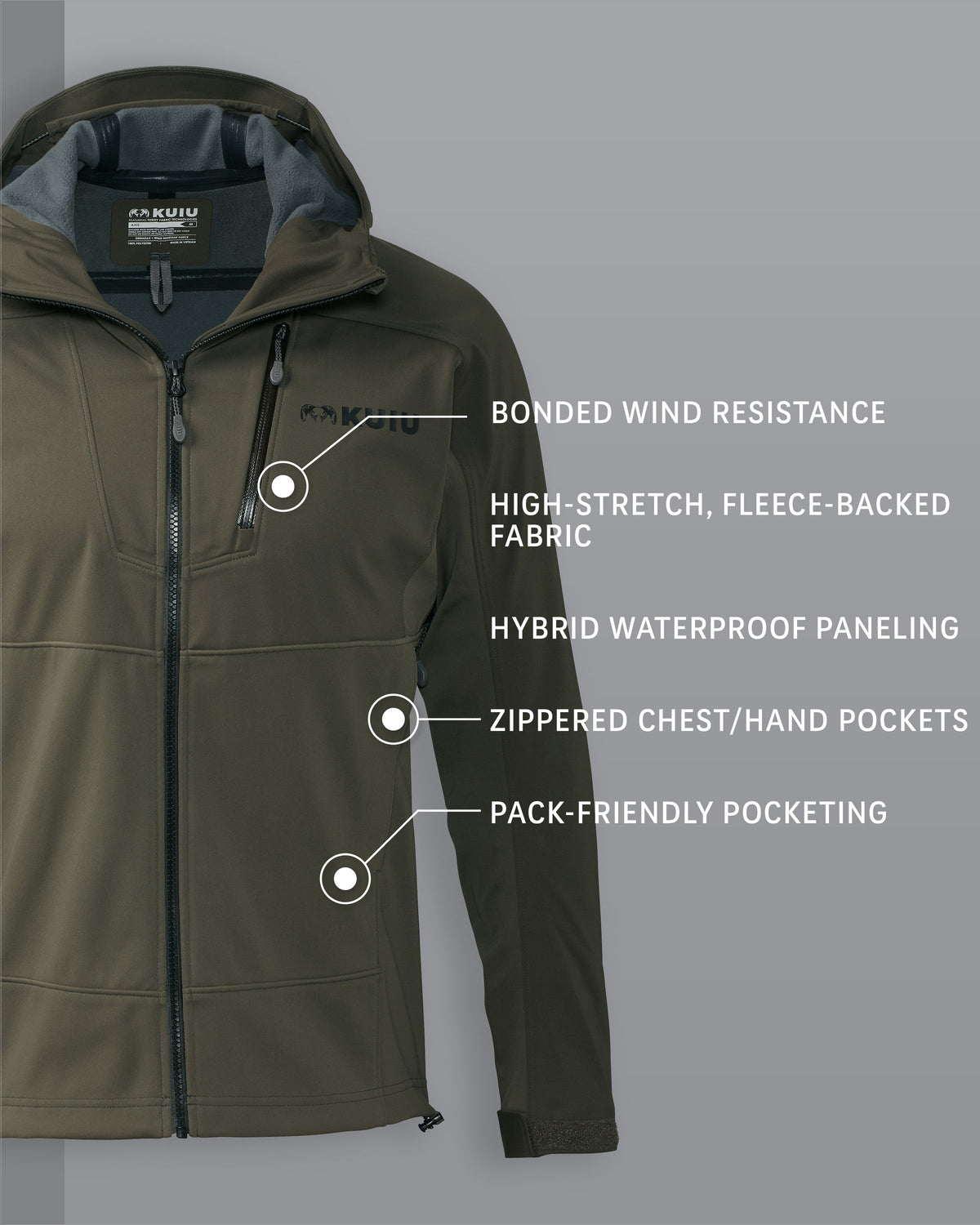 Axis Hybrid Hooded Jacket in Ash Brown Detail Callout Includes: Bonded Wind Resistance, High-Stretch Fleece-Backed Fabric, Hybrid Waterproof Paneling, Zippered Chest/Hand Pockets, Pack-Friendly Pocketing