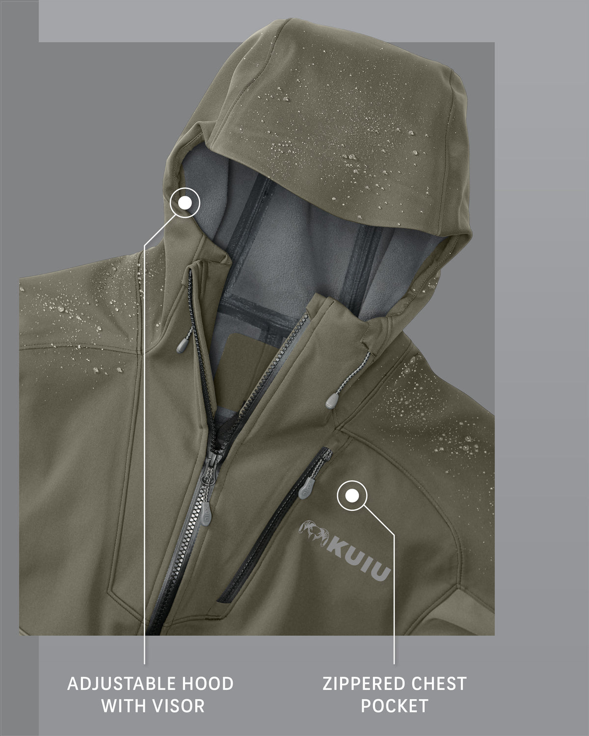Axis Hybrid Hooded Jacket in Ash Brown Detail Hood and Zippered Chest Pocket Callout