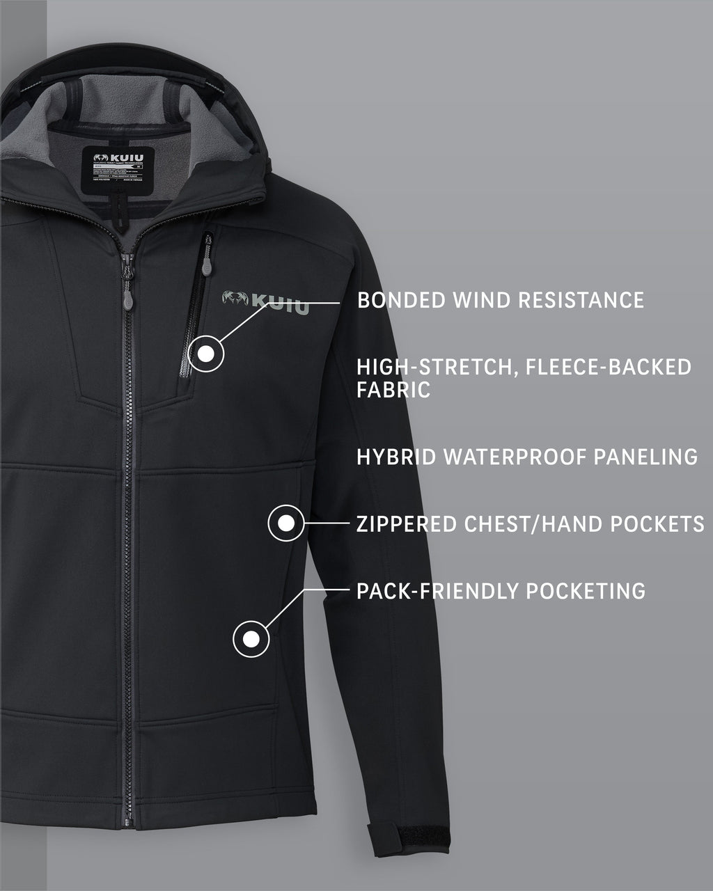 Axis Hybrid Hooded Jacket in Carbon Grey Detail Callout Includes: Bonded Wind Resistance, High-Stretch Fleece-Backed Fabric, Hybrid Waterproof Paneling, Zippered Chest/Hand Pockets, Pack-Friendly Pocketing