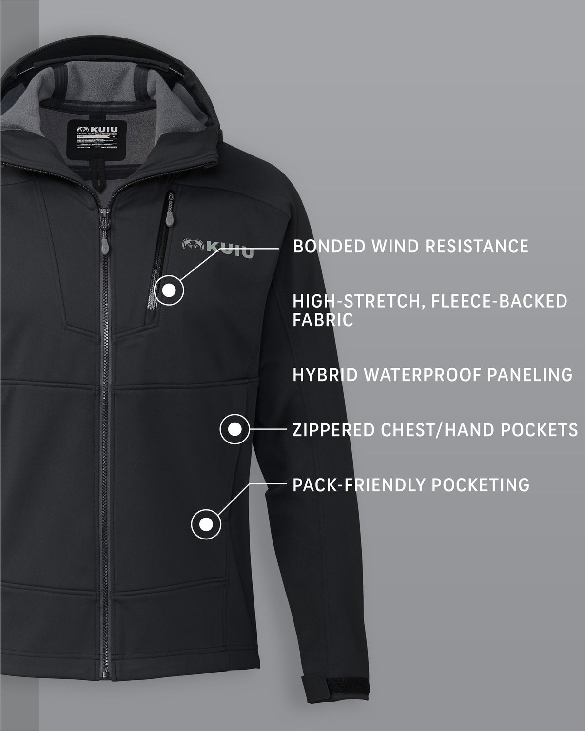 Axis Hybrid Hooded Jacket in Carbon Grey Detail Callout Includes: Bonded Wind Resistance, High-Stretch Fleece-Backed Fabric, Hybrid Waterproof Paneling, Zippered Chest/Hand Pockets, Pack-Friendly Pocketing