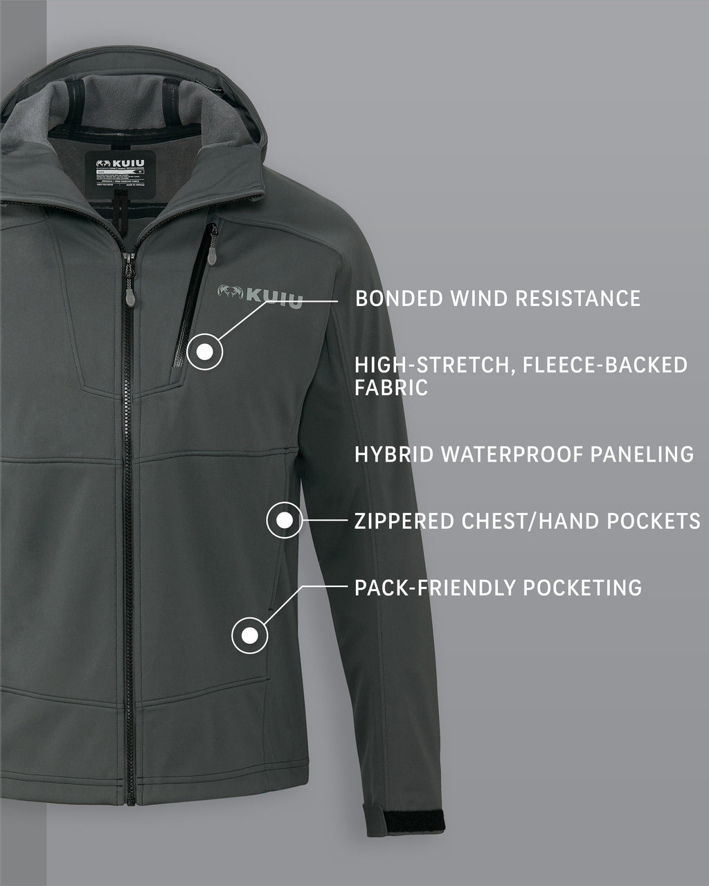 Axis Hybrid Hooded Jacket in Gunmetal Grey Detail Callout Includes: Bonded Wind Resistance, High-Stretch Fleece-Backed Fabric, Hybrid Waterproof Paneling, Zippered Chest/Hand Pockets, Pack-Friendly Pocketing